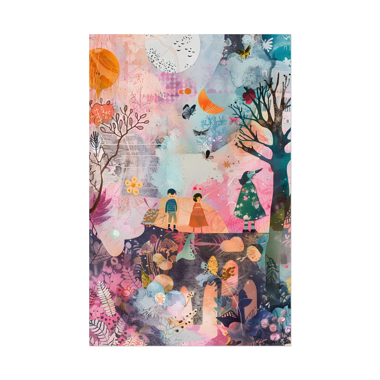 Colorful Whimsy: Blue Fish, Yellow Bird, Pink Cat Art Collage - Poster