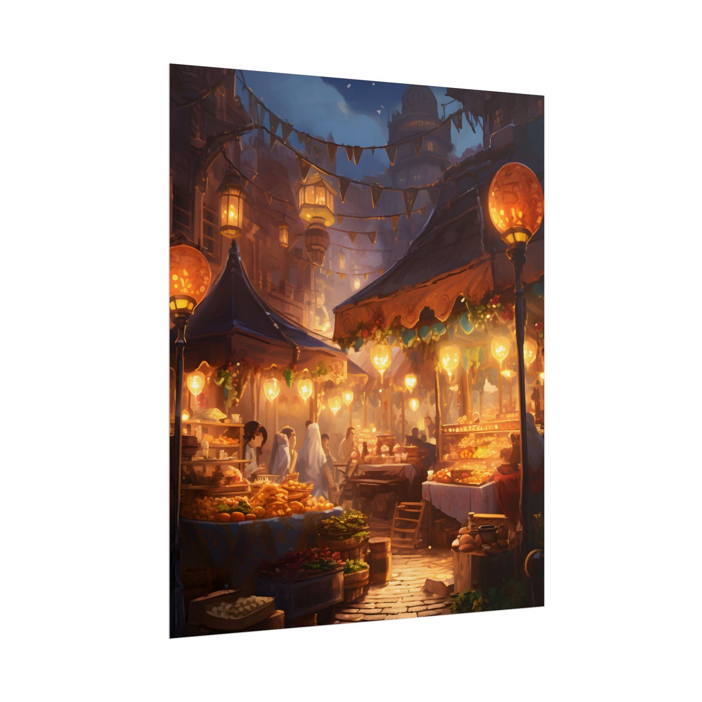 Magical Street Food Market: A Colorful Nighttime Scene - Poster