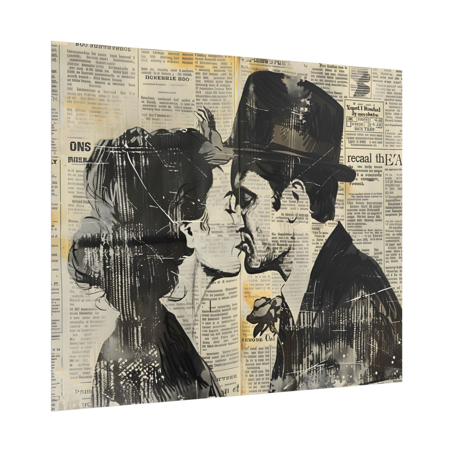 Vintage Romance Couples: Newsprint Artwork - Intimate Moments - Poster