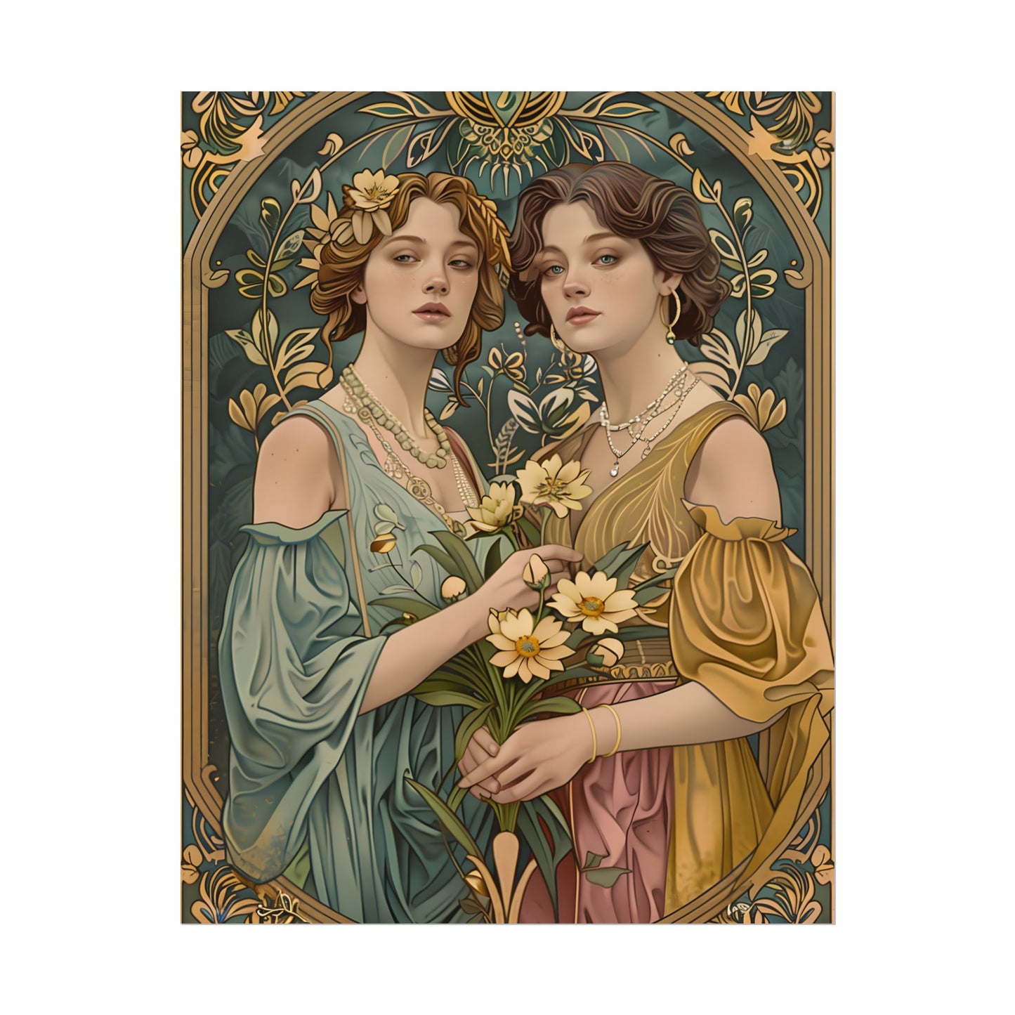 Two Women in Ornate Attire Holding Primr: Traditional Turkish Artwork - Poster
