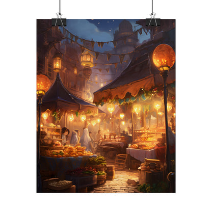 Magical Street Food Market: A Colorful Nighttime Scene - Poster