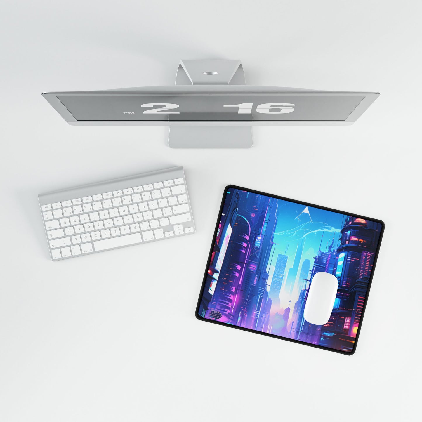 Futuristic Cityscape: Cyberpunk Dystopia Digital Artwork - Desk Mat
