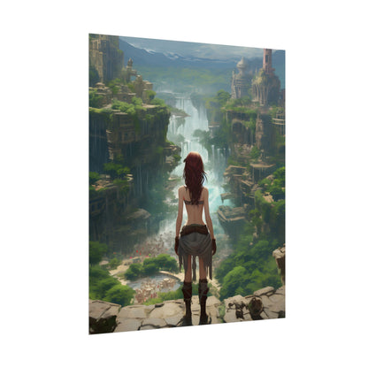 Dramatic Birds Eye View: Red Haired Anime Girl in Urban Landscape - Poster