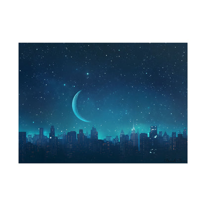 Starry Night Sky: Tranquil Dark Blue Scene with Crescent Moon - Poster