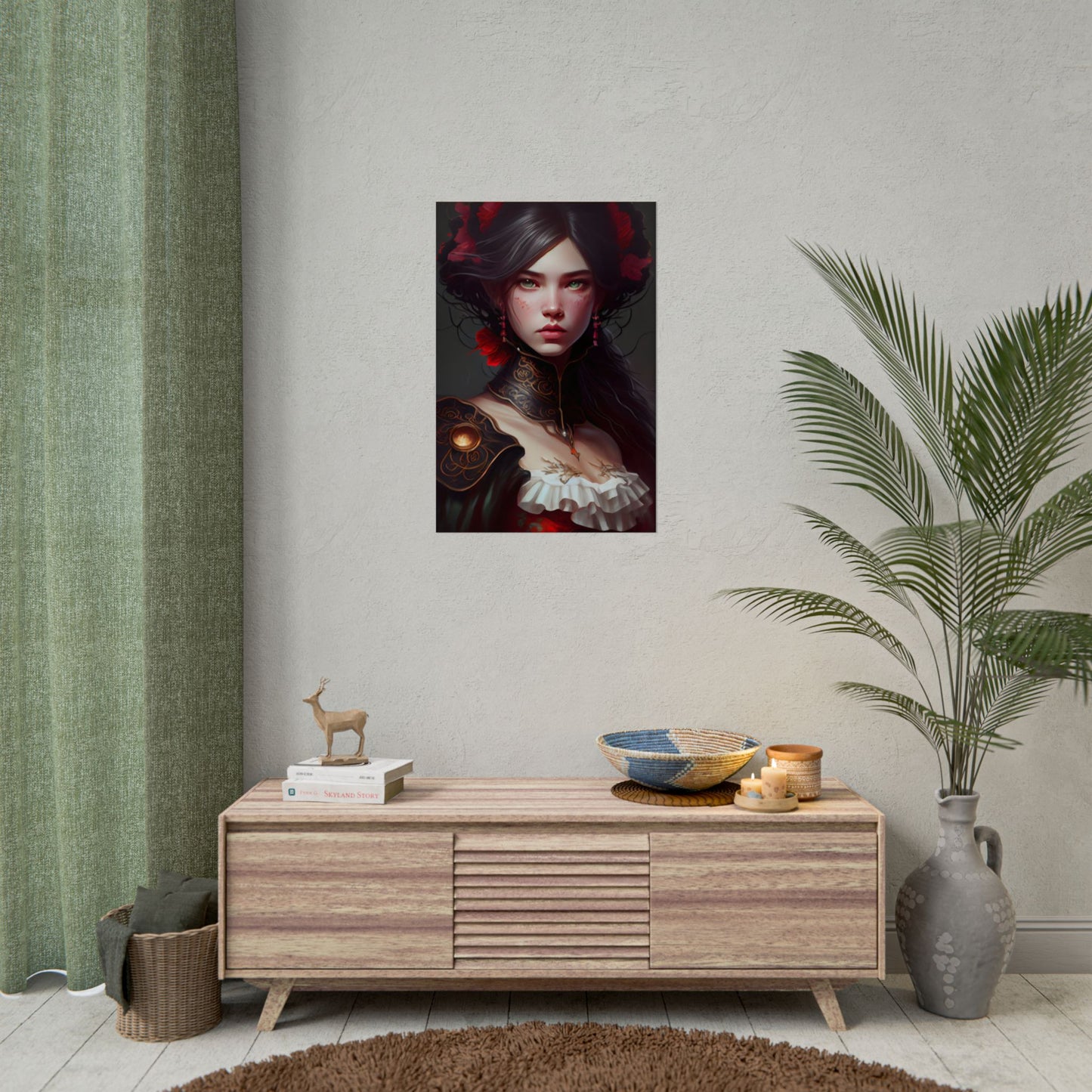 Elegant Black Hair Portrait in White Dress - Poster