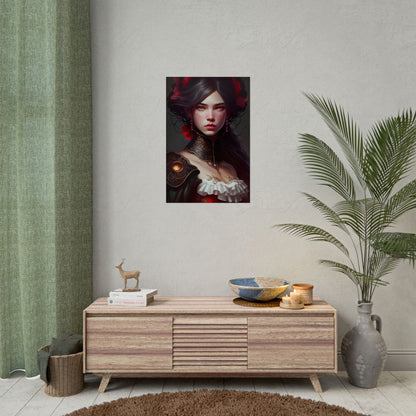 Elegant Black Hair Portrait in White Dress - Poster