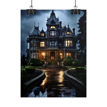 Haunted Victorian Mansion: Spooky Stormy Night Art - Poster
