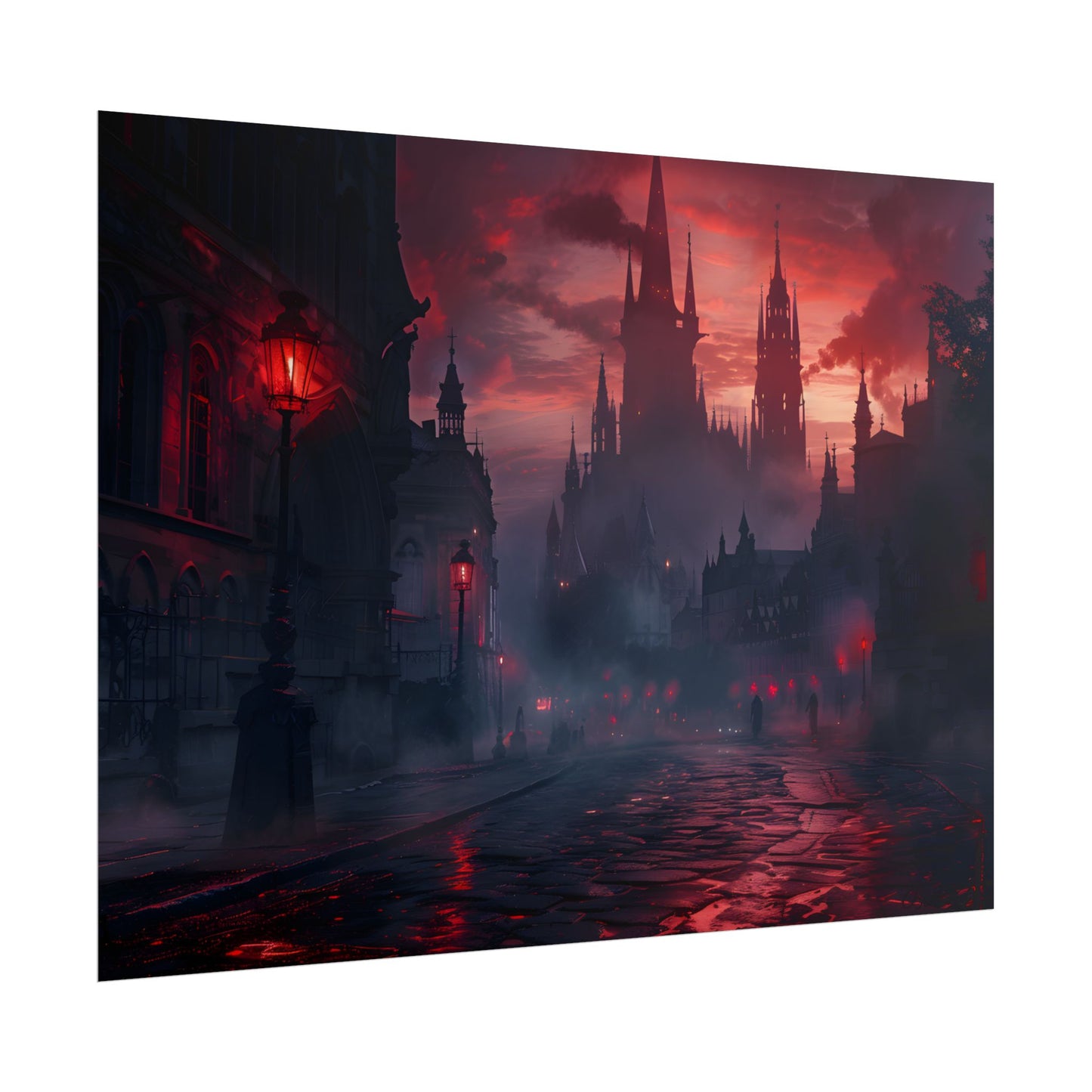Gothic City Dusk: Pointed Arches and Misty Atmosphere - Poster