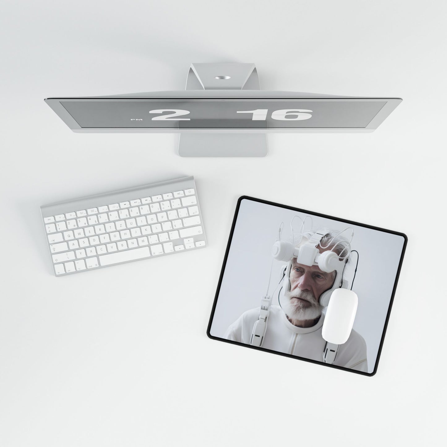Elderly Man in Advanced Tech: Sci-Fi Headset Art - Desk Mat