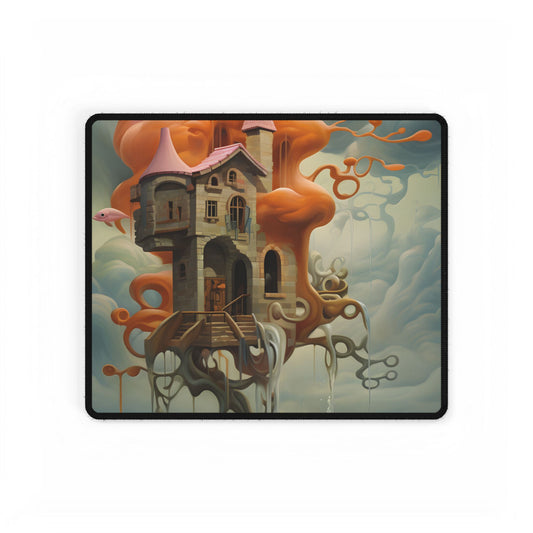 Surreal Dreamscape: Orange Mushroom in Psychedelic Landscape - Desk Mat