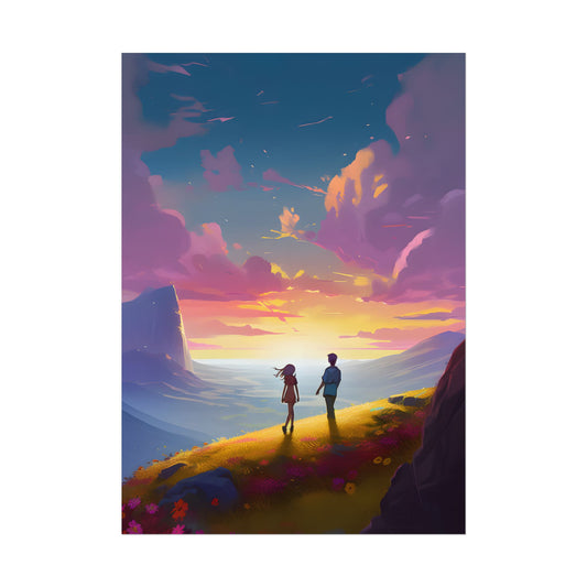 Young Love in a Cloudy Meadow: A Heartwarming Artwork - Poster