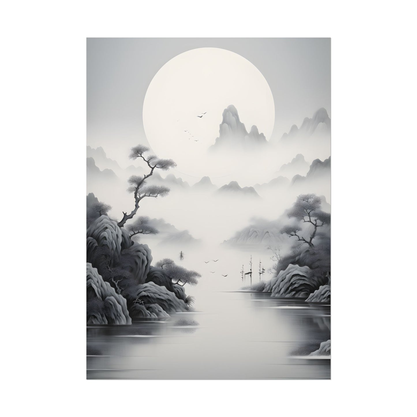 Chinese Ink Mirror Landscape: Serene Artwork - Poster