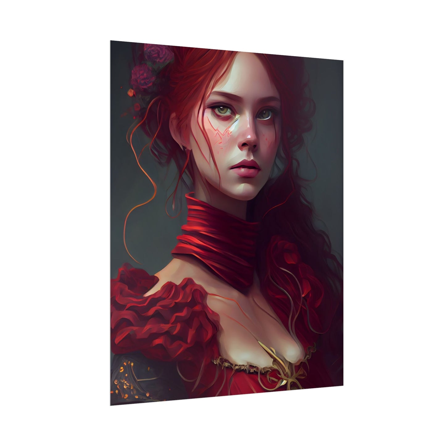 Vibrant Redhead Portrait: Female Artwork in Red Dress - Poster