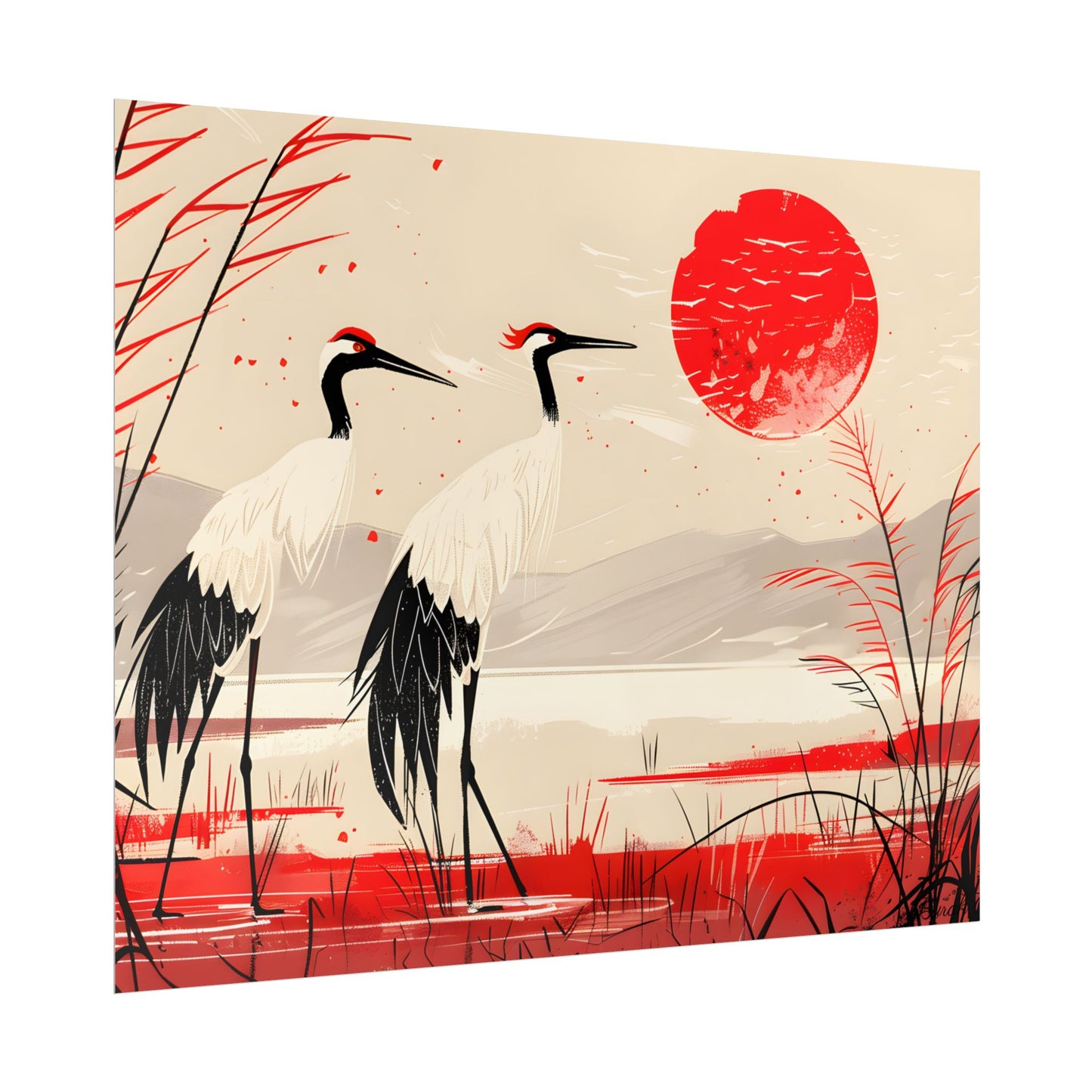 Peaceful Cranes in Serene Nature: Landscape Artwork - Poster