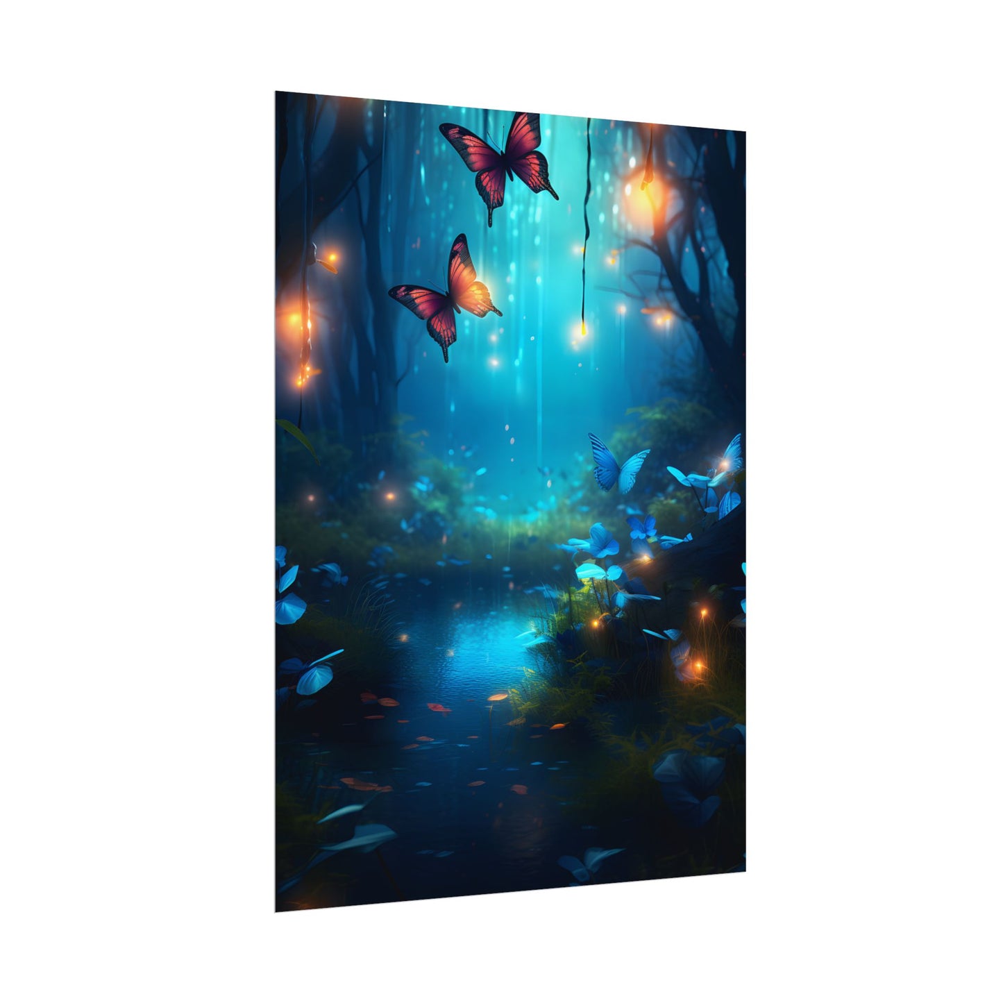 Moonlit Night Forest: Glowing Foggy Fantasy Bokeh Art - Poster