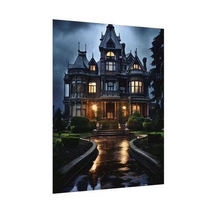 Haunted Victorian Mansion: Spooky Stormy Night Art - Poster