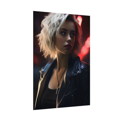 Cyberpunk Blonde: Closeup Portrait in Neon Hues - Poster