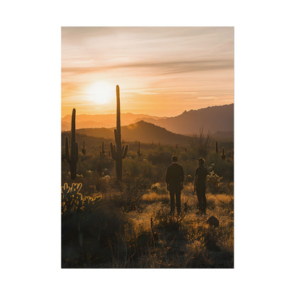 Desert Sunset Serenity: Two Friends Standing Together - Poster