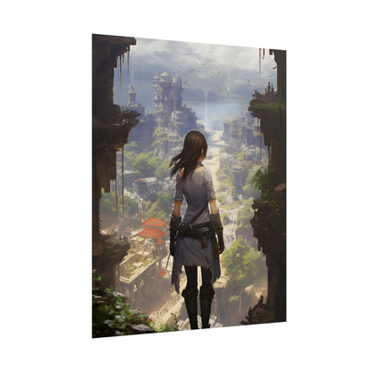 Dramatic Anime City Warrior: Bird's Eye View Digital Art - Poster