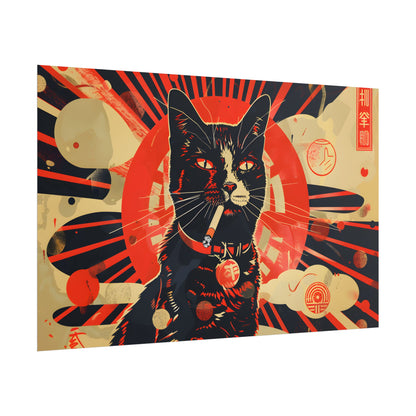 Vintage Whimsy: Cat Smokes Cigarette on Blue Background - Poster