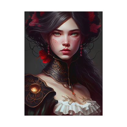 Elegant Black Hair Portrait in White Dress - Poster