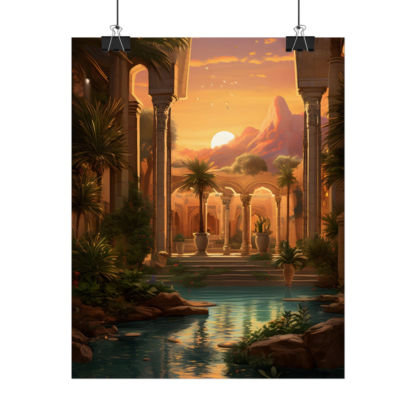 Desert Oasis at Sunset: Magical Desert Artwork - Poster