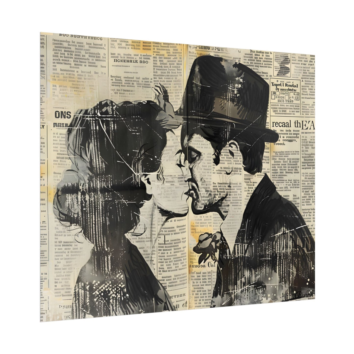 Vintage Romance Couples: Newsprint Artwork - Intimate Moments - Poster
