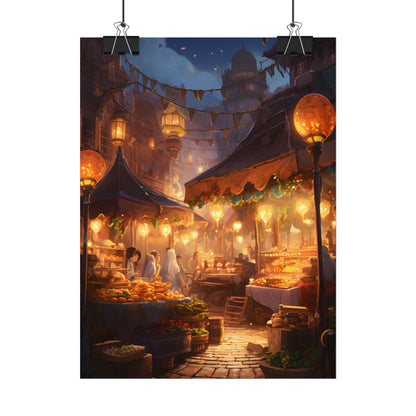Magical Street Food Market: A Colorful Nighttime Scene - Poster