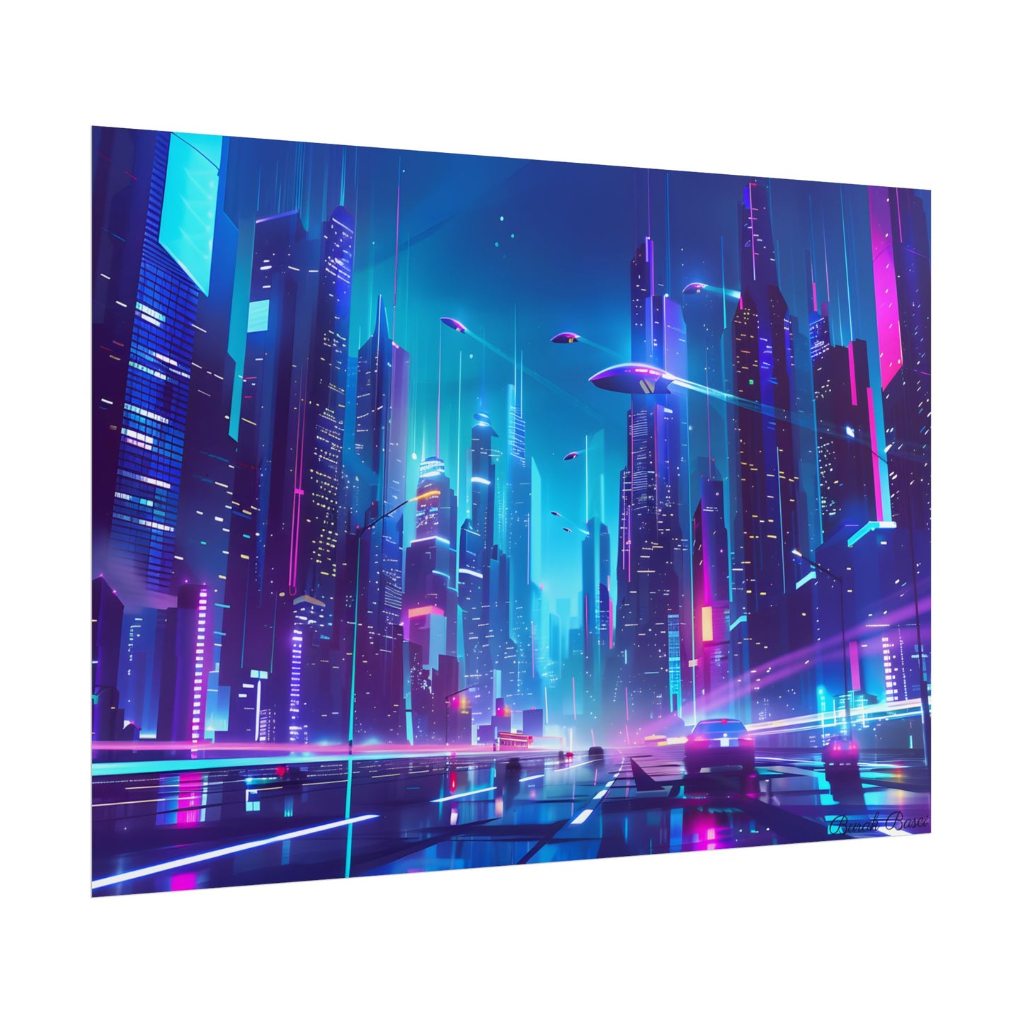 Futuristic Neon City: Towering Skyscrapers in a Vibrant Nighttime Sky - Poster