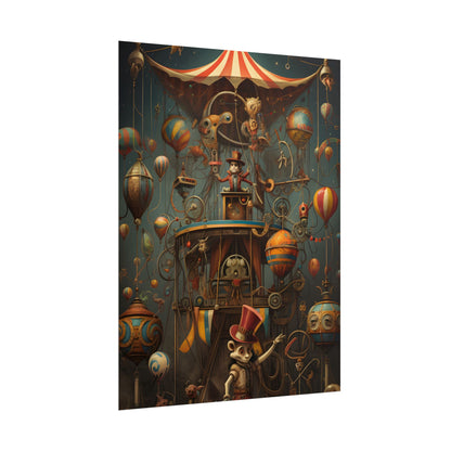 Whimsical Clockwork Circus: Fantastical Wooden Horse in Steampunk Dreamscape - Poster
