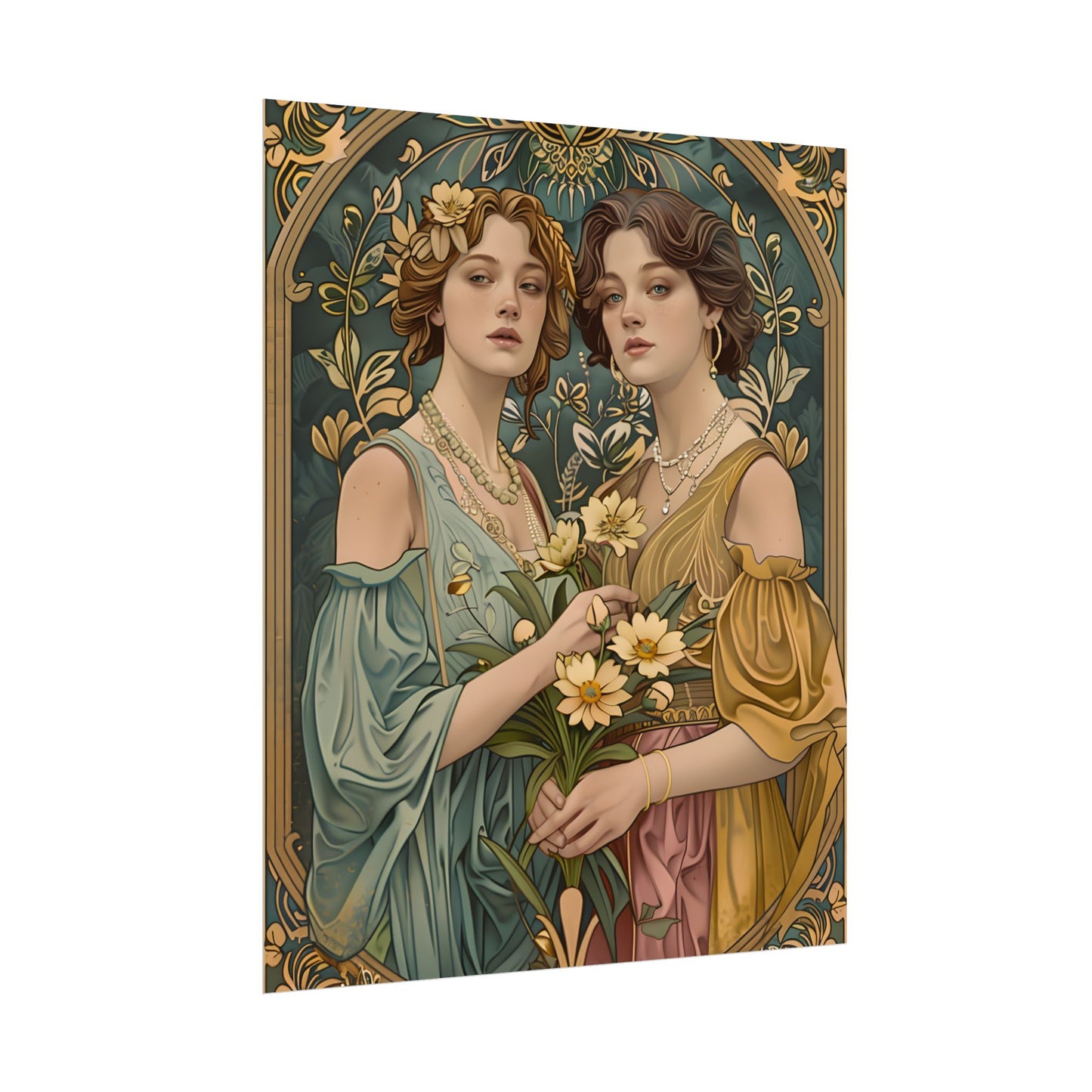 Two Women in Ornate Attire Holding Primr: Traditional Turkish Artwork - Poster