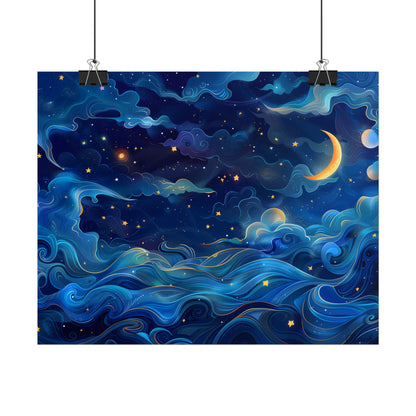 Whimsical Dreamy Night Sky: Stars, Moon, and Shooting Star - Poster