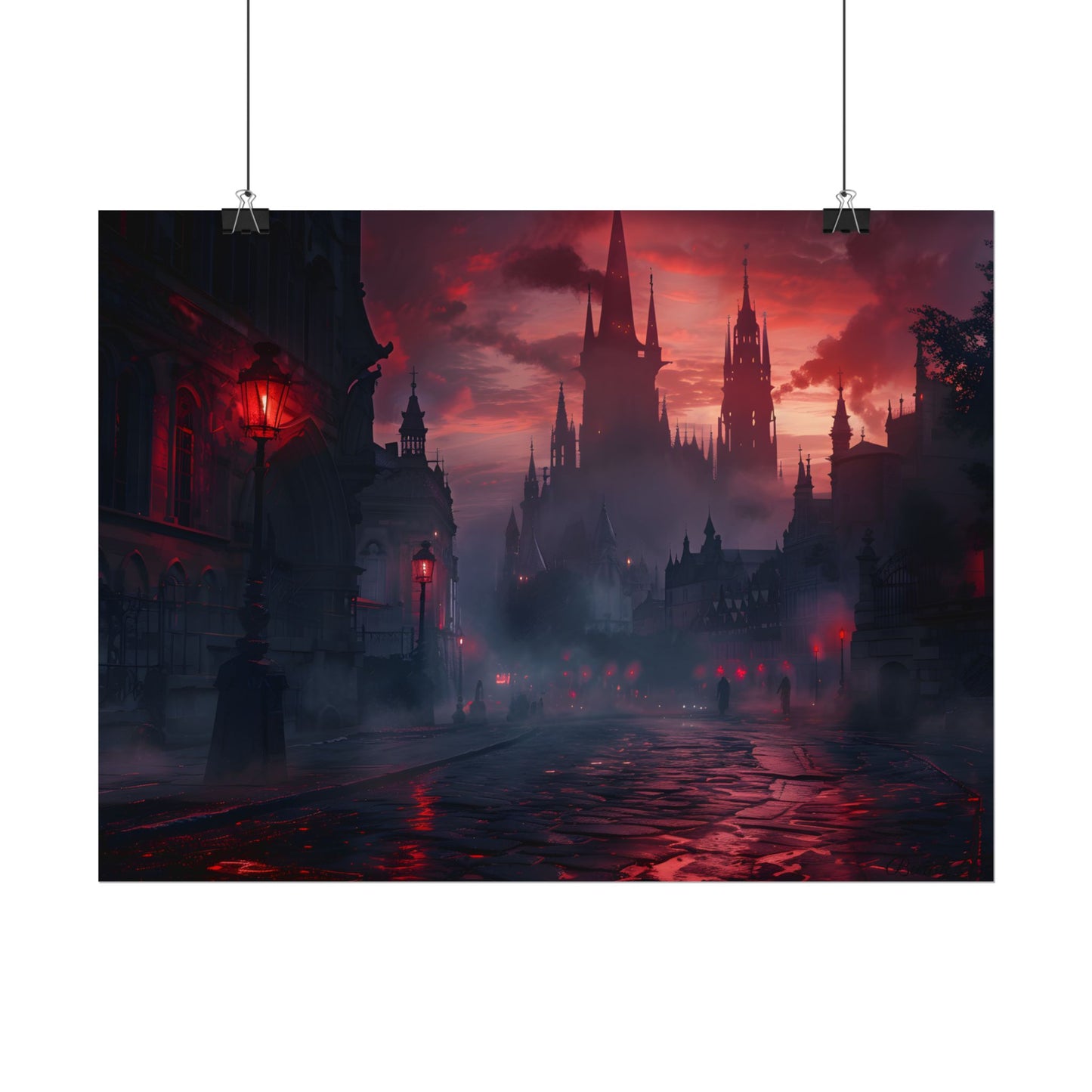 Gothic City Dusk: Pointed Arches and Misty Atmosphere - Poster