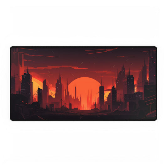Cyberpunk Cityscape: Burning Nighttime Digital Art - Desk Mat