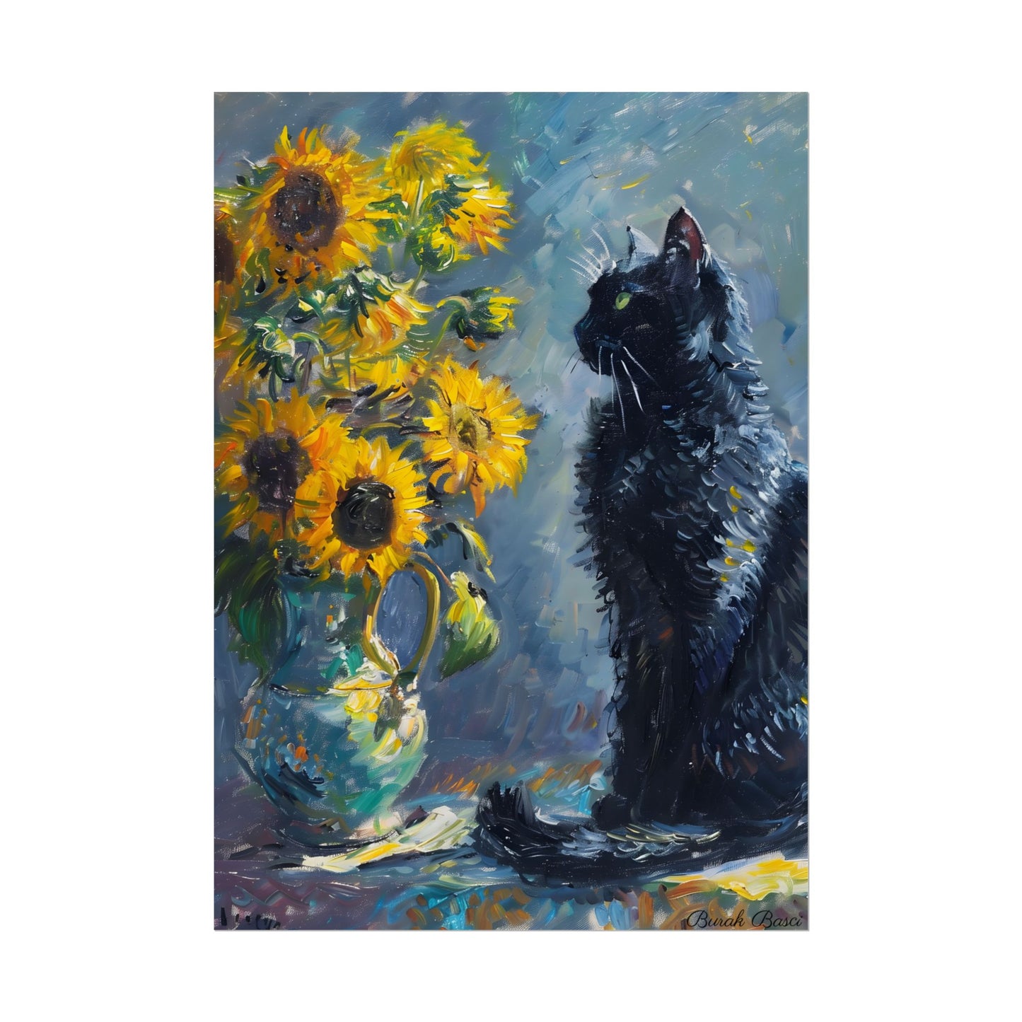 Whimsical Black Cat by Sunflowers: Serene Garden Art - Poster