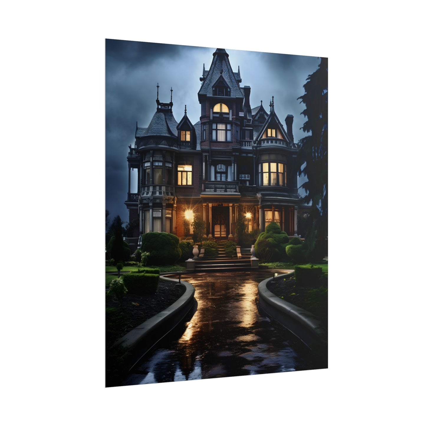 Haunted Victorian Mansion: Spooky Stormy Night Art - Poster