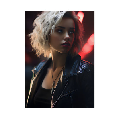Cyberpunk Blonde: Closeup Portrait in Neon Hues - Poster