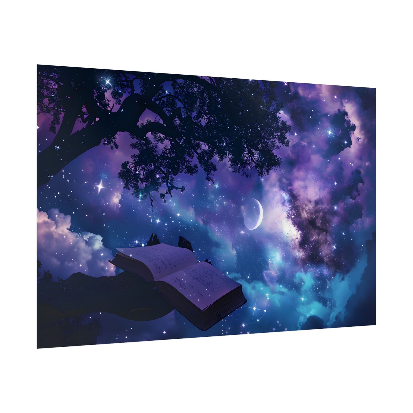 Mystical Night Sky: Celestial Dreams with Crescent Moon Art - Poster