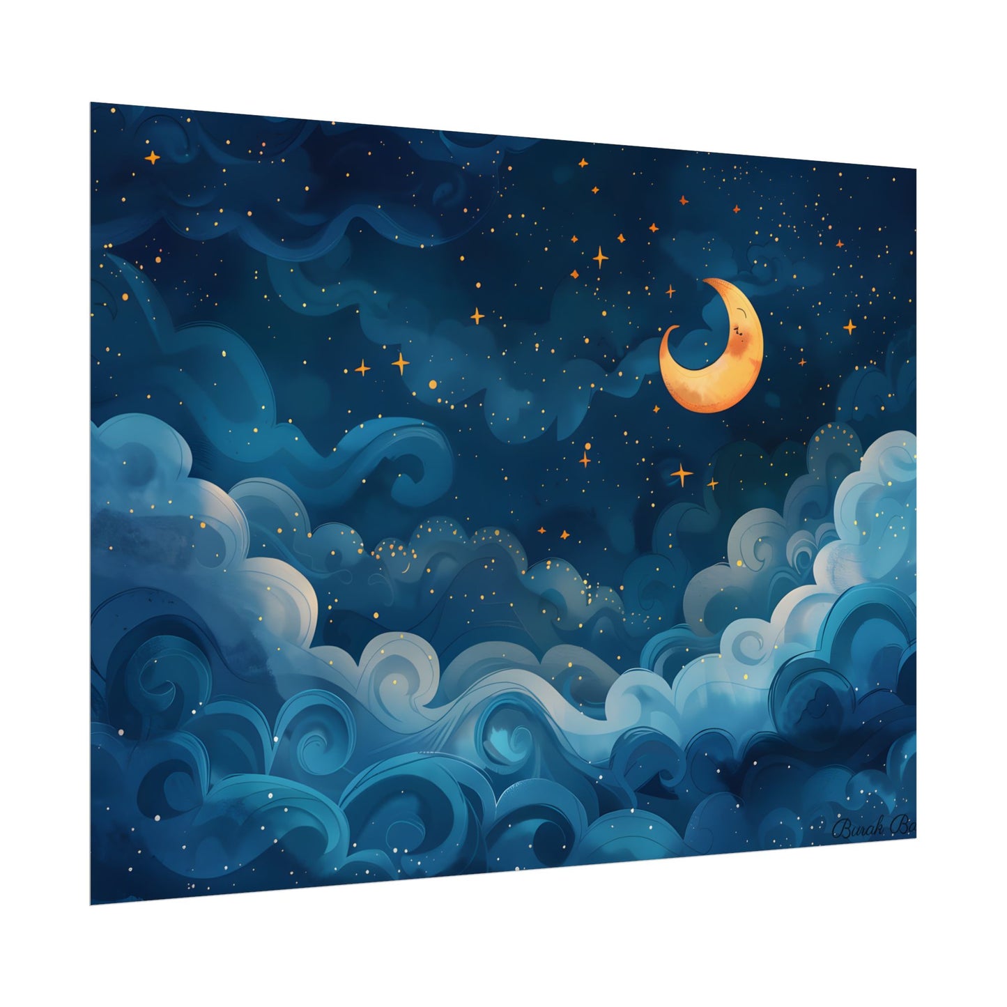 Surreal Night Sky Dreamscape: Whimsical Stars and Clouds Art - Poster