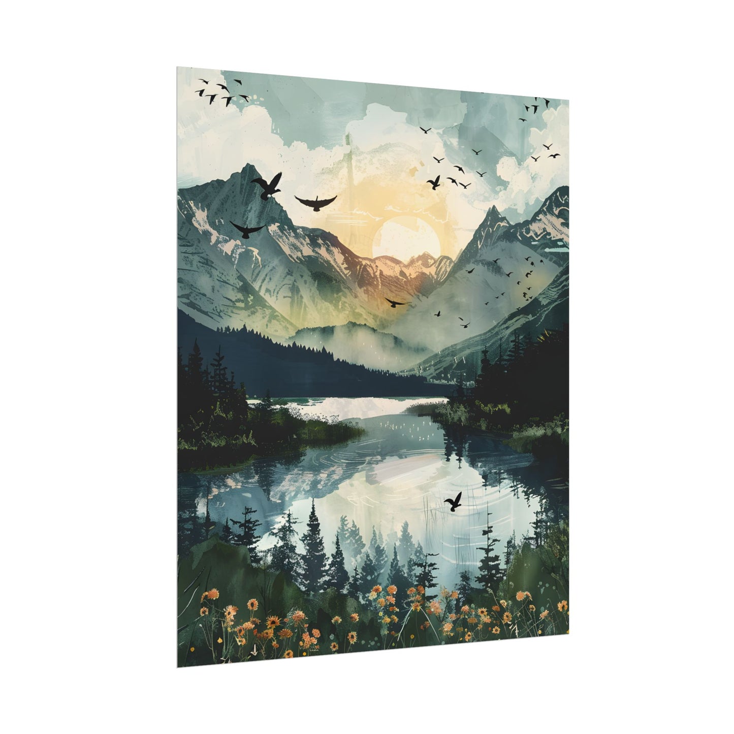 Serene Mountain Lake: Birds in Flight - Natural Art - Poster