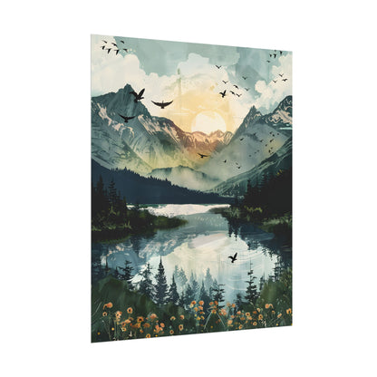 Serene Mountain Lake: Birds in Flight - Natural Art - Poster