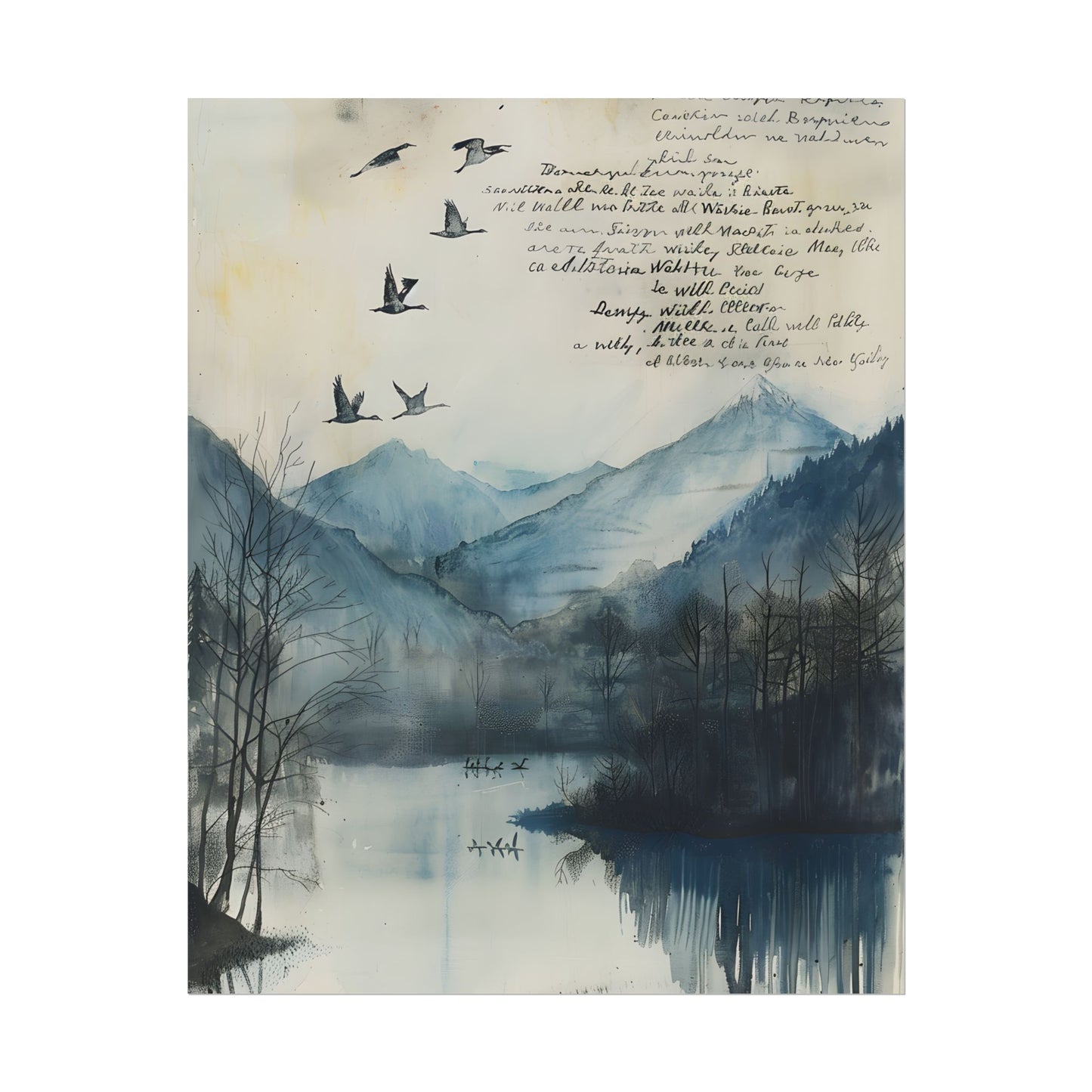 Nature's Serenity: Mountain Lake Birds in Flight Artwork - Poster