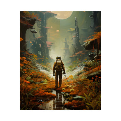 Futuristic Explorer in Wilderness: Digital Artwork - Poster