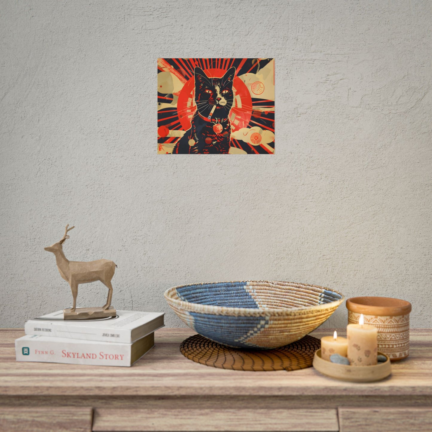 Vintage Whimsy: Cat Smokes Cigarette on Blue Background - Poster