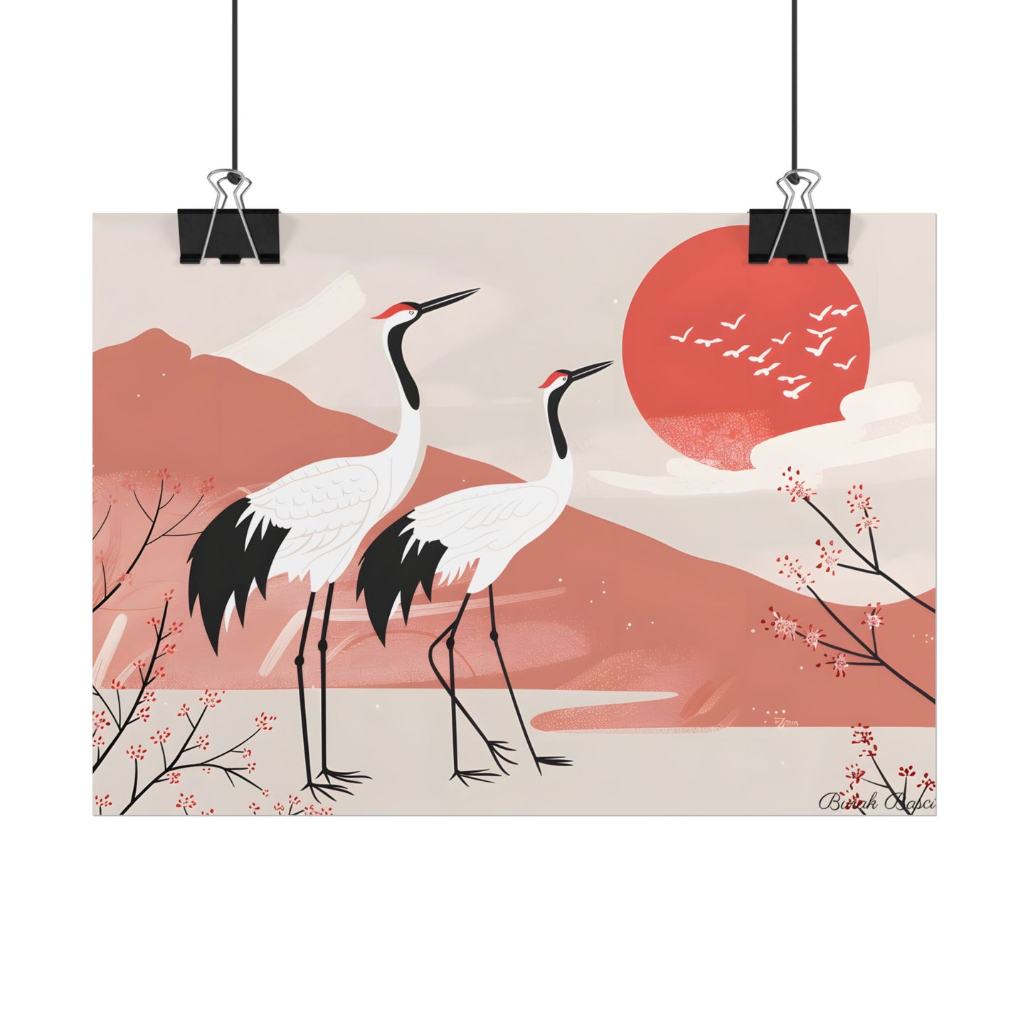 Serene Landscape with Cranes: Peaceful Nature Art - Poster