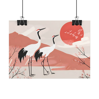 Serene Landscape with Cranes: Peaceful Nature Art - Poster