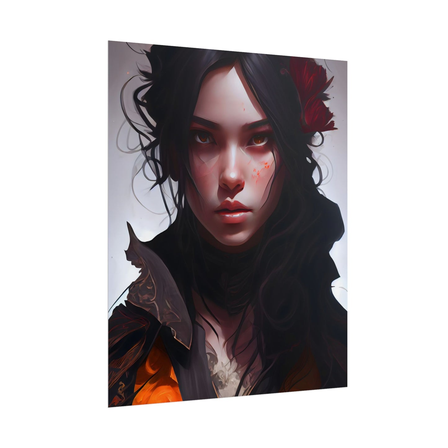 Black Hair Female Portrait: Elegant Dress Artwork - Poster