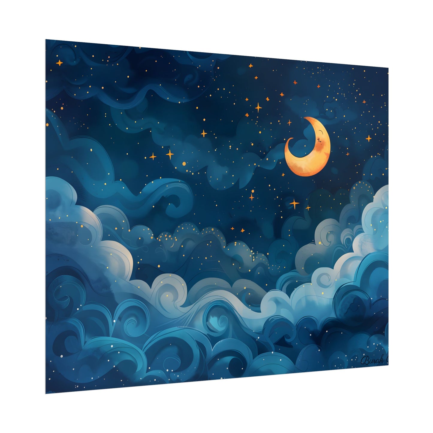 Surreal Night Sky Dreamscape: Whimsical Stars and Clouds Art - Poster