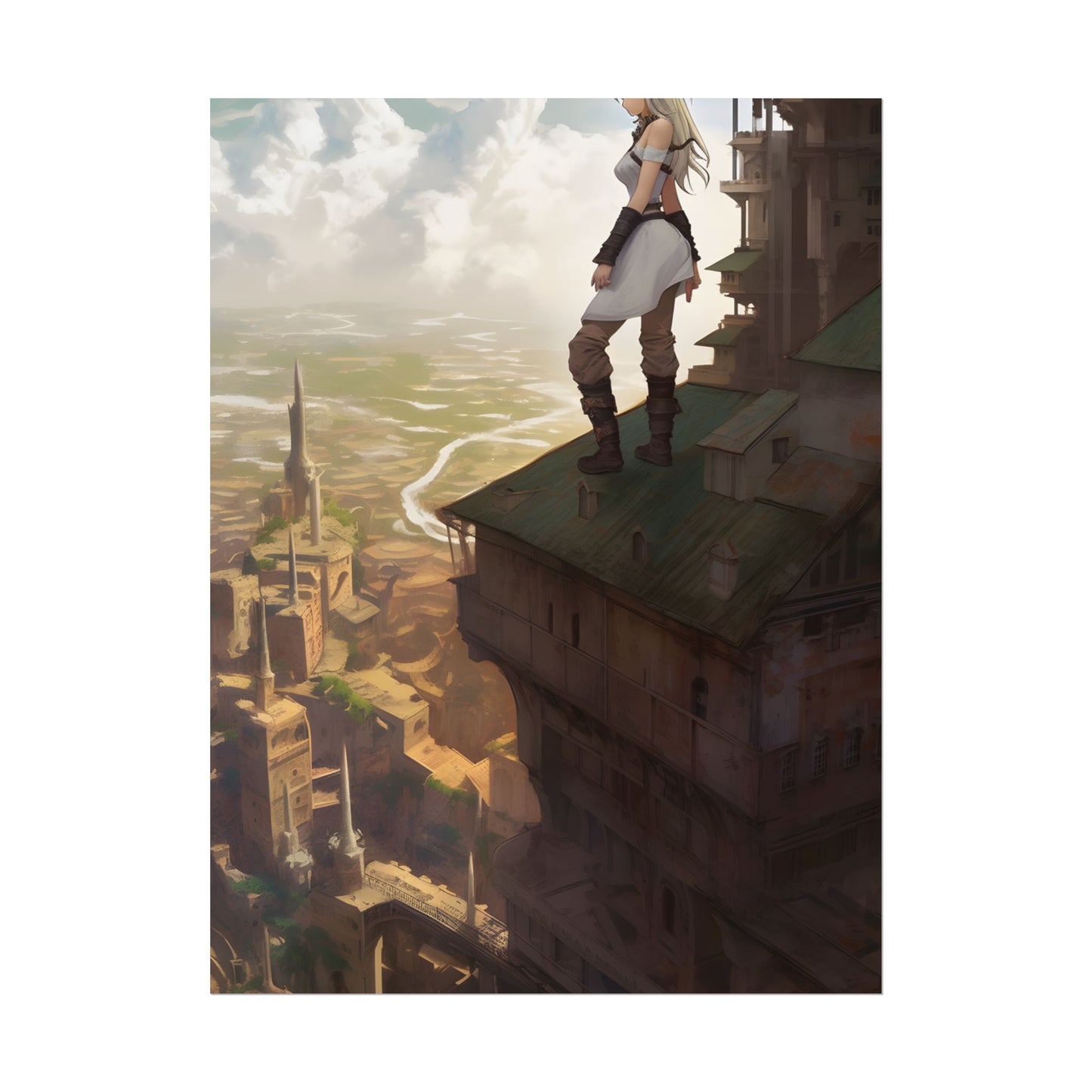 Dramatic Birds Eye View: Anime Blonde Female in Contemplation - Poster