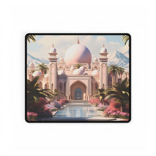 Serene Arabian Desert Oasis: Camels in a Palm Tree Landscape - Desk Mat